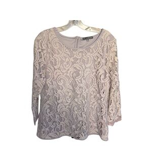 Adrianna Papell Gray Lace Overlay Scoop Neck Blouse 3/4 Sleeve Dressy